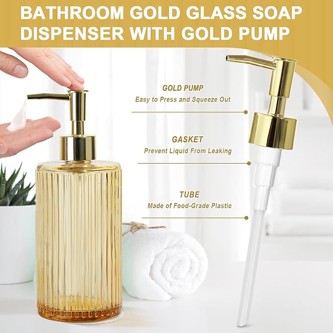 Gold Bathroom Accessories 4 Pcs, Gold Glass Soap Dispenser and Toothbrush Holder Set, Qtip Holder Set, Glass Bathroom Soap Dispenser Set, Yellow Orange Bathroom Decor