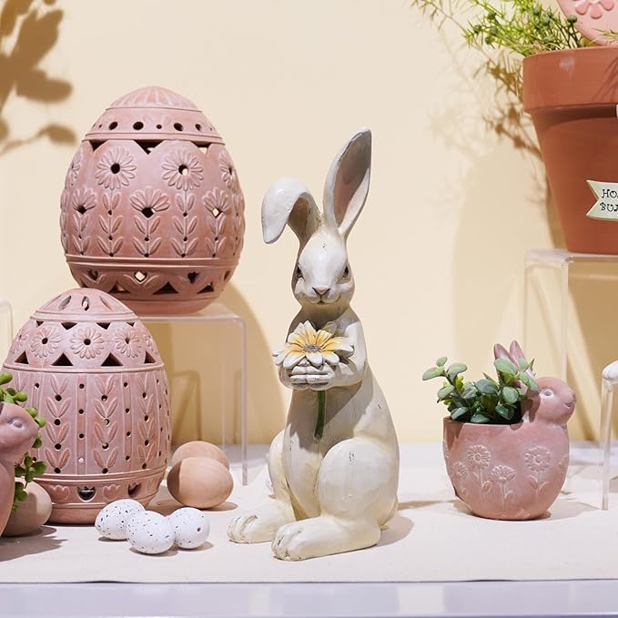 Newman House Studio Easter-Decorations - Spring Bunny Decor - Table Centerpiece - Spring Figurines - Indoor Bunny Statues with Flower Farmhouse Office Room Decor for Table 5 * 4.25 * 11.75 inch
