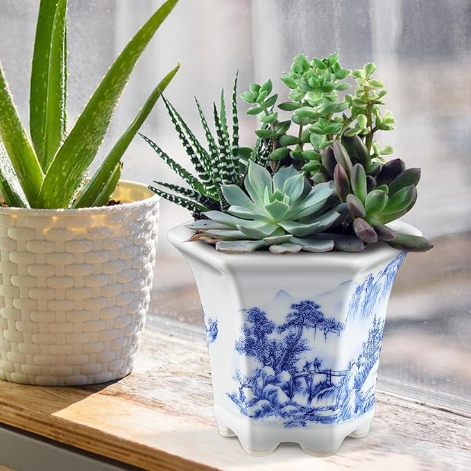 SUPVOX White Porcelain Blue and White Planter Pot for Indoor Succulents and Small Plants, Ceramic Oval Flowerpot with Traditional Chinese Pattern, Decorative Home Gardening Container