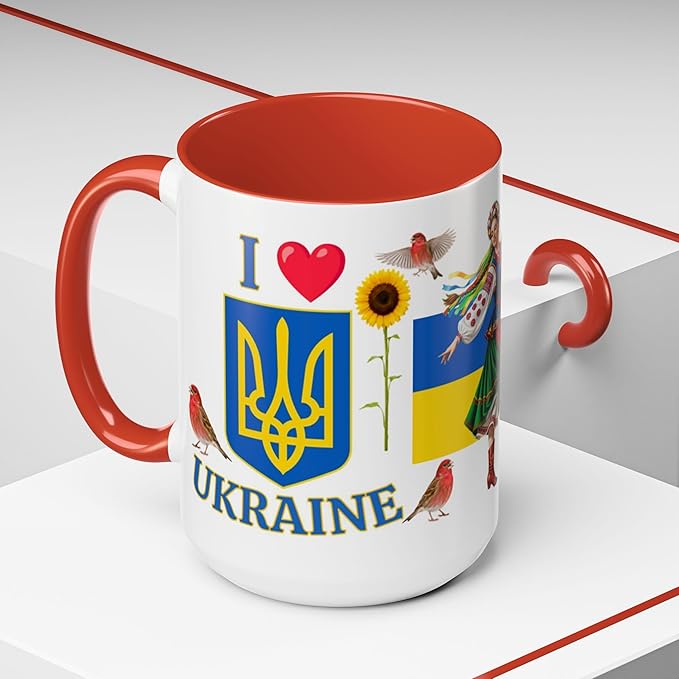 I Love Ukraine 15 oz Coffee Mug - Gift - Christmas Birthdays Gift; Tea Cup (Red Handle)