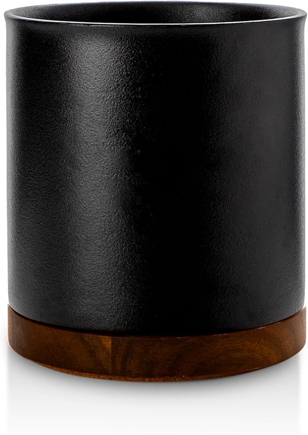 Nucookery 360°Rotating Utensil Holder, 7.2" Kitchen Utensil Crock, Ceramic Cooking Utensil Organizer with Countertop-Protection Cork Bottom for Farmhouse Kitchen Decor Christmas (Stone Black)