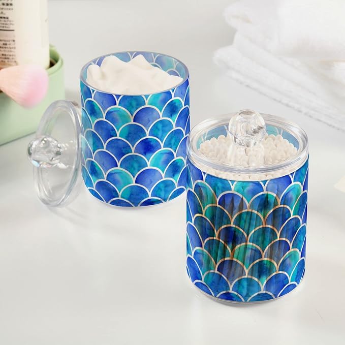 MNSRUU 4 Pack Qtip Holder Organizer Dispenser Blue Scales Of Mermaid Bathroom Containers Bathroom Vanity Storage Canister Apothecary Jars for Cotton Swabs/Pads/Floss