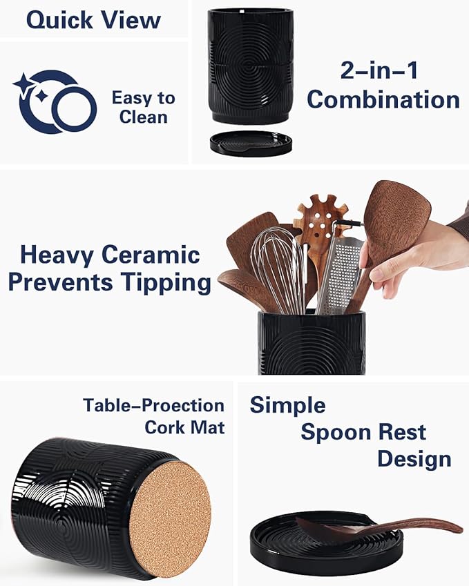 Utensil Holder, 7.2" Kitchen Utensil Holder for Counter, 2-in-1 Ceramic Cooking Utensils Holders with Spoon Rest, Utensil Crock for Spatula, Ideal Housewarming Gift (Black)
