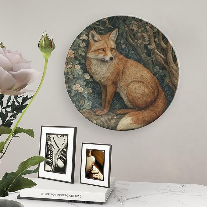 Ceramic Decorative Plate Fox in A William Morris Forest Custom Decor for Art Decoration Festival Display Club Ceramic Hanging Decorative Plate Including Bracket And Special Hook, Gifts for Men Women