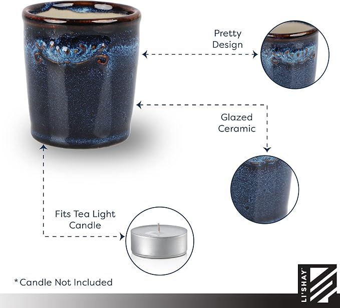 Votive Candle Holder for Home and Kitchen Décor- Ceramic Candle Holder Set of 4 - Navy