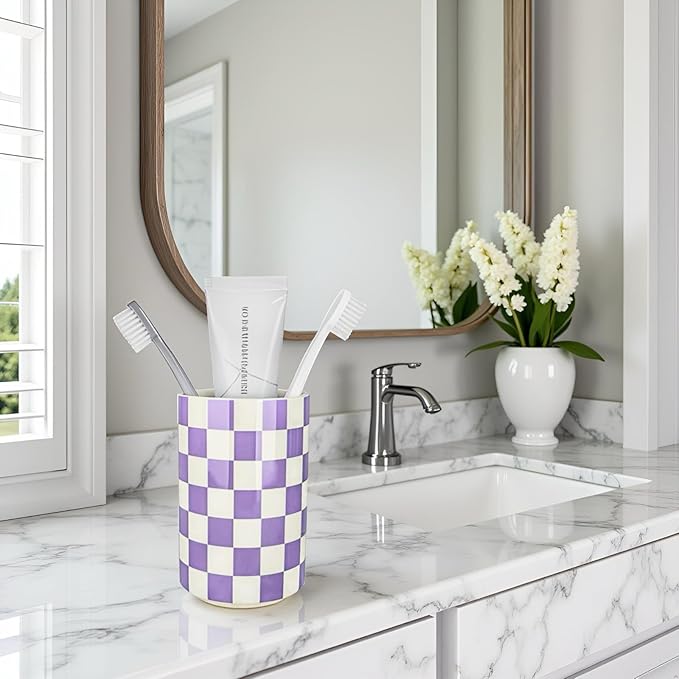 Ceramic Toothbrush Holder, Purple Tooth Brush Holders for Bathrooms, Lavender Bathroom Accessories, Modern Cute Tooth Brush Tumbler/Cup, Toothbrushes Toothpaste Storage Dispenser for Countertop