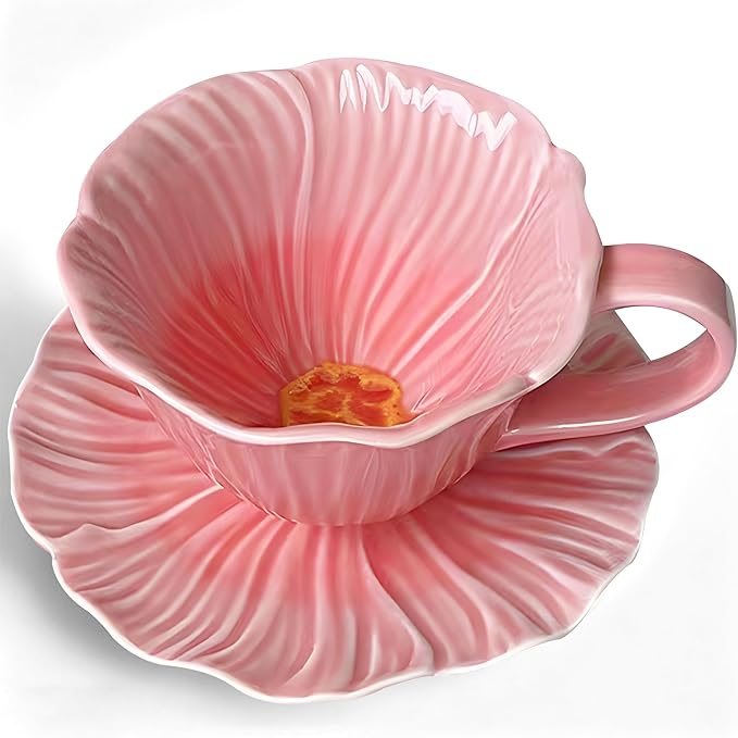 JUSONEY 10 oz Tea Cups and Saucers, Ceramic Flower-shaped Cappuccino Cup, Latte Cup and Saucer set, elegant floral Espresso Cup set, cups are microwave and dishwasher safe-Pink