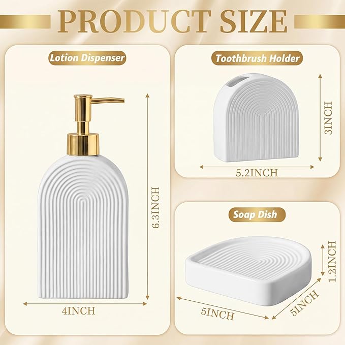 Boho Ceramic Bathroom Accessories Sets 3 Pcs Arch Style Bathroom Accessories for Countertop, Soap Dispenser, Toothbrush Holder Soap Holder Decor for Modern Home Decor
