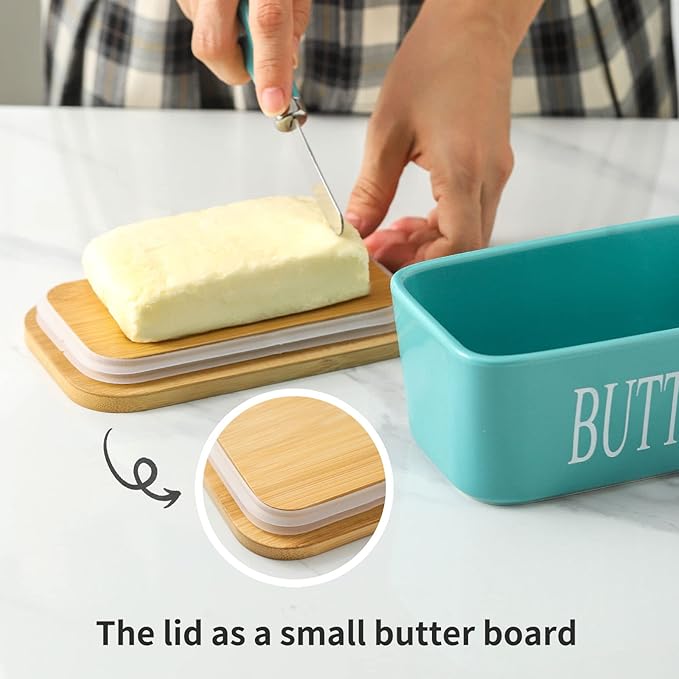 Hasense Butter Dish, Ceramic Butter Container with Lid Holds For Countertop, Large Butter Holder with Knife Spreader for Counter, Silicone Sealing Butter Keeper with Cover for Kitchen,Turquoise