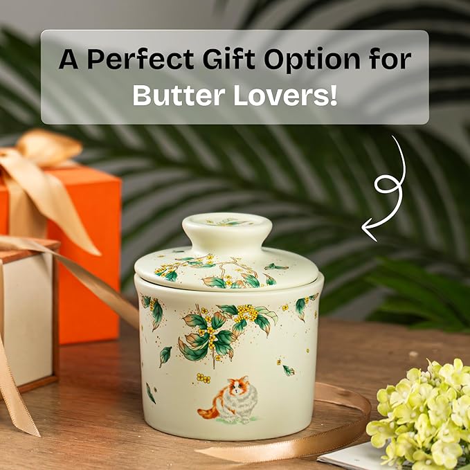 Stoneware Butter Crock with Lid, Ceramic Butter Dish with Water Line, Countertop Butter Keeper, Butter Holder for Countertop, Warm Ivory