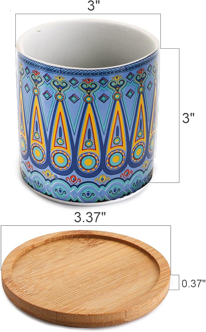 Kingrol 8 Pack Succulent Pots, Mini Ceramic Flower Planter Pot with Drainage Hole and Bamboo Tray for Cactus, Ferns, Herbs, Jade Plants - Mandala Style, Plants Not Included
