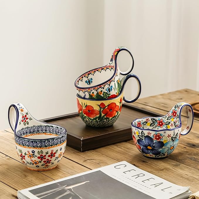 Handmade Ceramic Soup Bowl with Loop Handle, Polish Pottery Large Mug Cup, 18 oz Cup Perfect for Yogurt, Cereal, Soup, Pho, Stew, Salad, Dishwasher Microwave, Oven Safe Gift for Women