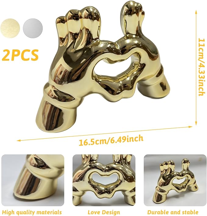 Zerzsy Heart Hands Sculpture Figurine Decor, 2 PCS Small Statue Shelf Decorative for Living Room Coffee Table, Loving Finger Statues Valentines Day Decorations Home Decor-Gold & Silver