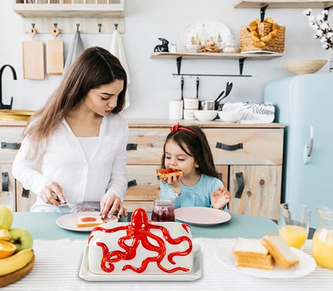 Octopus Butter Dish With Lid For Countertop Ceramic Butter Dish With Cover Red Butter Tray With Lid Butter Holder Large Butter Container For Counter