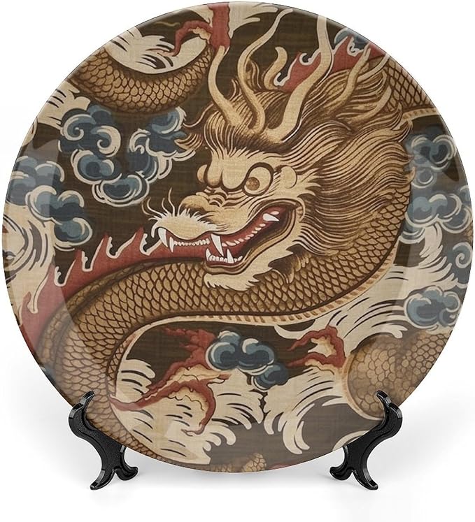 Dragon Gold Oriental Style Asian Ceramic Decorative Plate for Display Office Art Decoration Supplies Home Housewarming Gifts Holiday Party Decorations Customize Gifts for Men Women Anniversary
