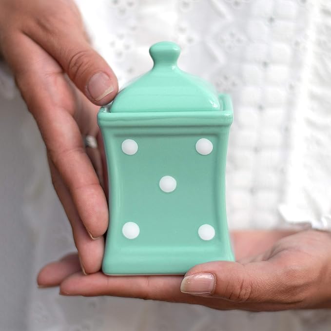 City to Cottage Handmade Teal Blue and White Polka Dot Small 5.3oz/150ml Ceramic Kitchen Herb, Spice, Storage Jar with Lid, Pottery Canister, Housewarming Gift