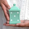 City to Cottage Handmade Teal Blue and White Polka Dot Small 5.3oz/150ml Ceramic Kitchen Herb, Spice, Storage Jar with Lid, Pottery Canister, Housewarming Gift