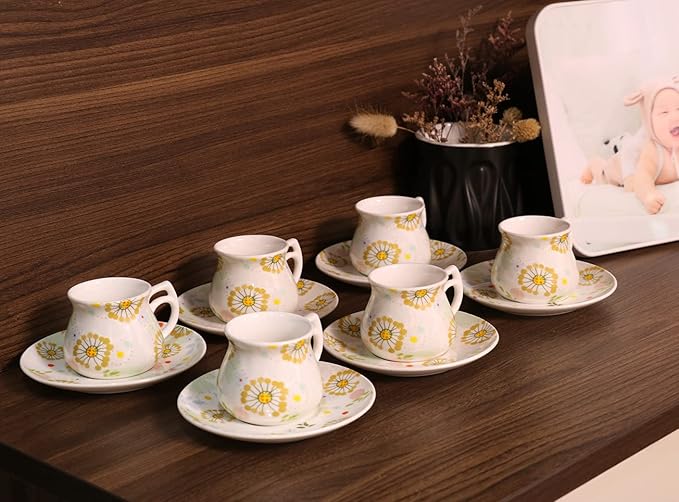 GuangYang 12 pieces Expresso Cups and Saucers for 6 People,2 oz Turkish Coffee Cup set of 6,Lucky Floral Pattern,Good Gift Set