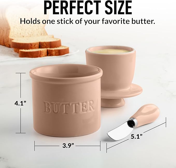 Zulay Kitchen Bell Shaped Butter Crock with Lid for Countertop with Water Line & Spreader Knife, Ceramic French Butter Dish Keeper For Fresh, Soft & Spreadable Butter - Peach