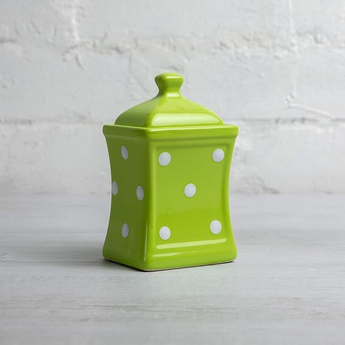 City to Cottage Handmade Small 5.3oz/150ml Ceramic Kitchen Herb, Spice, Storage Jar with Lid, Pottery Canister, Housewarming Gift (Green Polka Dot)