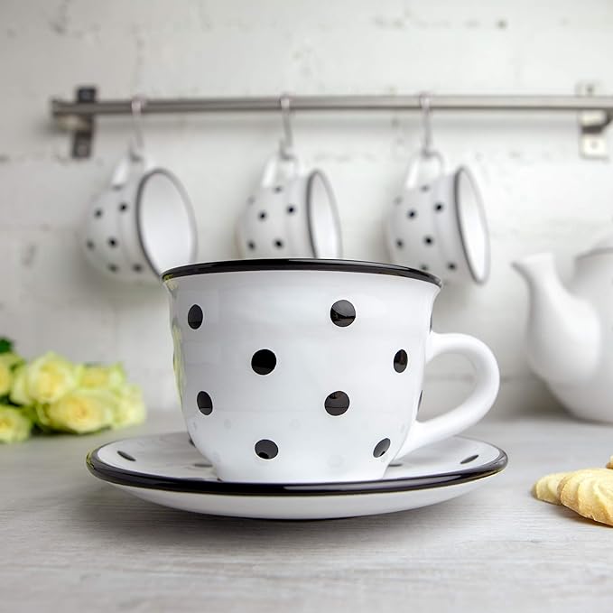 City to Cottage Handmade White And Black Polka Dot Large Ceramic 12oz/350ml Cappuccino Coffee Tea Cup and Saucer, Unique Designer Pottery Gift for Tea Lovers