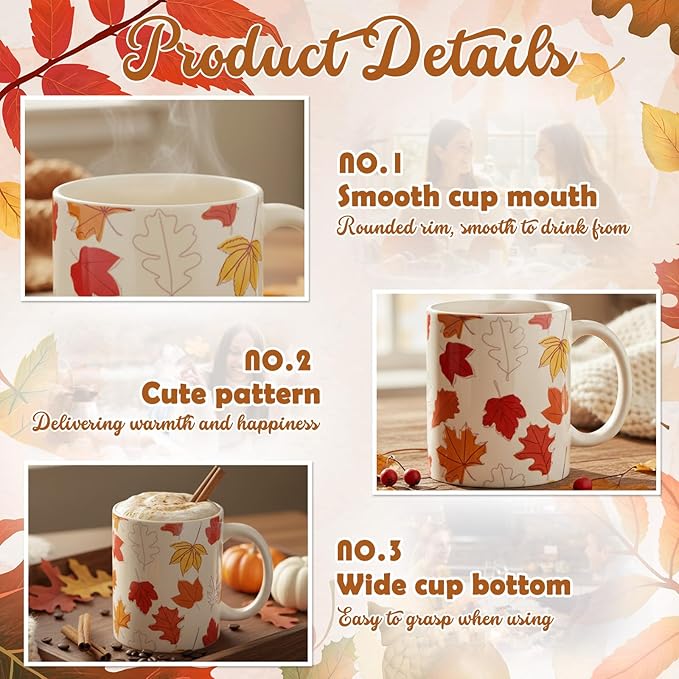 Sliner 11 oz Fall Ceramic Coffee Mugs Set of 2 Maple Leaf Thanksgiving Cup Gifts Festive Tea Cup Autumn Holiday Birthday Gifts for Men Women