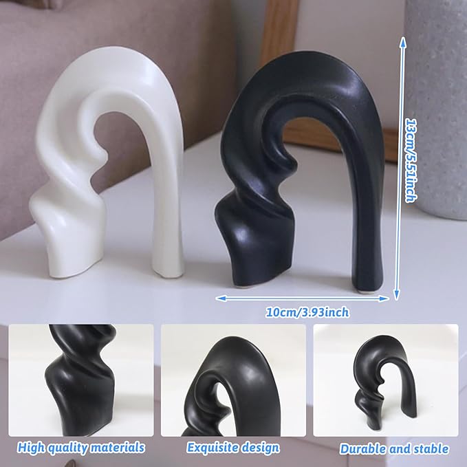 Zerzsy 2 Pack Ceramic Statues Figurine Decor, Modern Abstract Statue and Sculpture for Living Room Bedroom Bookshelf Coffee Table Display, Unique Gift Home Decor - Black White