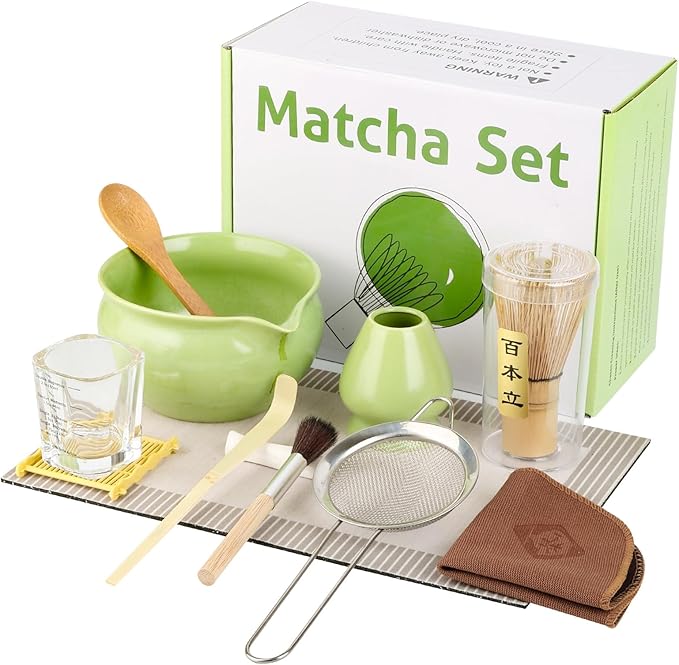 12 Pcs Matcha Whisk Set - Matcha Set Includes Ceramics Matcha Bowl and Cup, Matcha Kit for Ceremony Making Tools, Gift for Family/Friend （green）