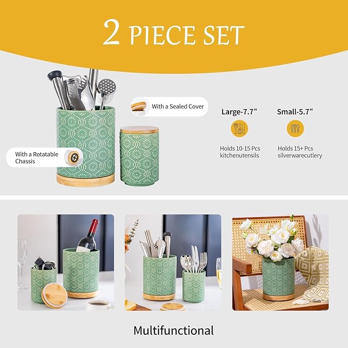 TEATALK Ceramic Utensil Holder Set, 360° Rotating Organizer for Countertop, Farmhouse Vintage Style, Large and Small Crocks in Green，7.7"+5.7"