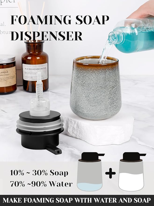 INGOFIN Ceramic Foaming Soap Dispenser -12oz Foam Hand Soap Dispenser Bathroom, Modern Refillable Dish Wash Soap Bottle for Kitchen with Large Pump,Kiln-Glazed