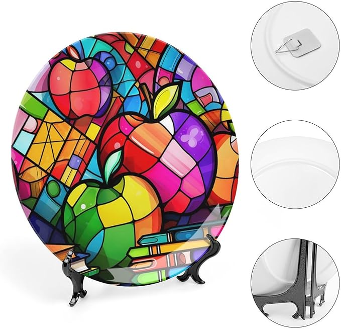 Decorative Plates, Colorful Books & Apples Stained Glass Painting Ceramic Dinner Plate w/Display Stand, Wall Hanging Decor for Kitchen Household 10 Inch, Gifts for Teacher Or Student