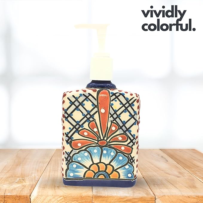 Talavera Ceramic Soap & Lotion Dispenser, for Kitchen or Bathroom Countertops - Pastel Hues Hand Painted Mexican Pottery - Jabonera Pastel