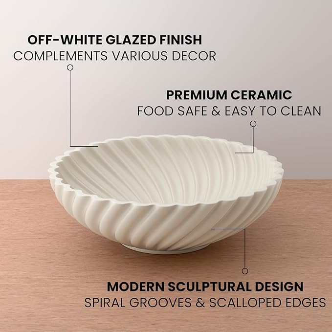 10'' Ceramic Decorative Bowl - Stylish Fruit Bowl for Kitchen Counter - Key Bowl for Entryway Table Decor - Large Decorative Bowls for Home Decor - Modern Home Decor Accents White