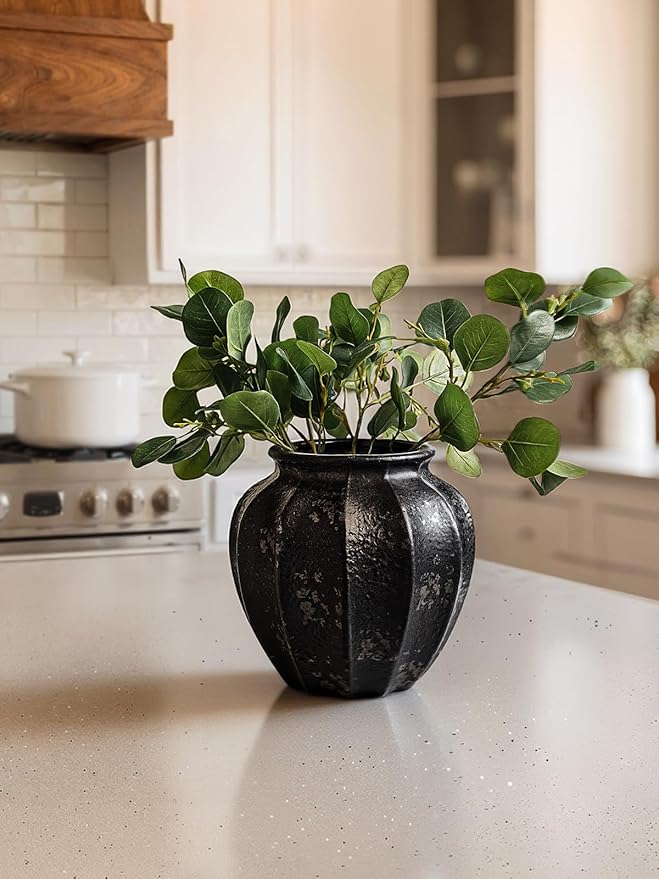 LE TAUCI 9" Ceramic Vase, Artisan Large Black Ceramic Vase for Modern Home Decor, Substantial & Stable, Handcrafted Flower Vase, Living Room & Dining Room Table Centerpiece, Distressed Iron Black