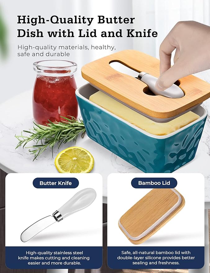 Butter Dish with Lid: Large Butter Dish for Countertop - Ceramic Butter Container with Knife Double Silicone Seal - Unique Stone Butter Dishes with Covers for Farmhouse Kitchen Decor Home Decor Green