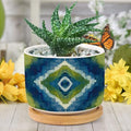 DreamAutumn Blue and Green Geometric Ikat Ceramic Pots for Plants with Drainage Holes Round Flower Pot Bamboo Tray Orchid Pot Succulents Pots for Outdoor Indoor Plants,Housewarming Gifts