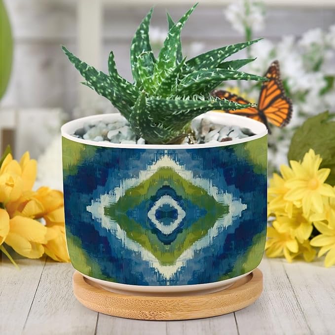 DreamAutumn Blue and Green Geometric Ikat Ceramic Pots for Plants with Drainage Holes Round Flower Pot Bamboo Tray Orchid Pot Succulents Pots for Outdoor Indoor Plants,Housewarming Gifts