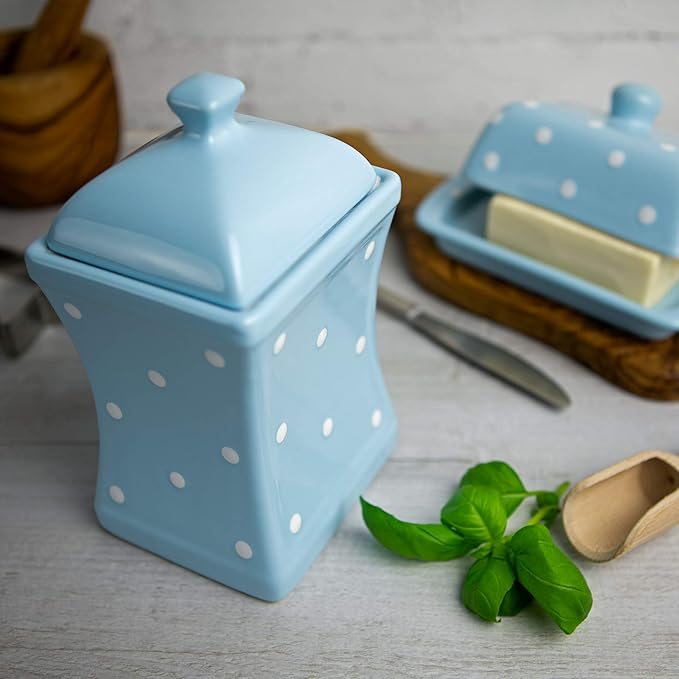 City to Cottage Handmade Light Sky Blue and White Polka Dot Large Ceramic 31.5oz/900ml Kitchen Storage Jar with Lid | Pottery Canister, Cookie Jar, Housewarming Gift
