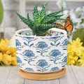 Mughal Flower in Planters Ceramic Blue Floral Round Flower Pots with Drainage Holes and Bamboo Tray Pot for Pots Outdoor Indoor Plants