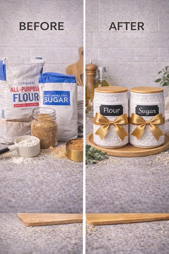 Canisters Set of 2 – White Ceramic Flour and Sugar Containers (94oz & 52oz) with Airtight Bamboo Lids, Decorative Kitchen Counter Storage Jars for Coffee & Pantry