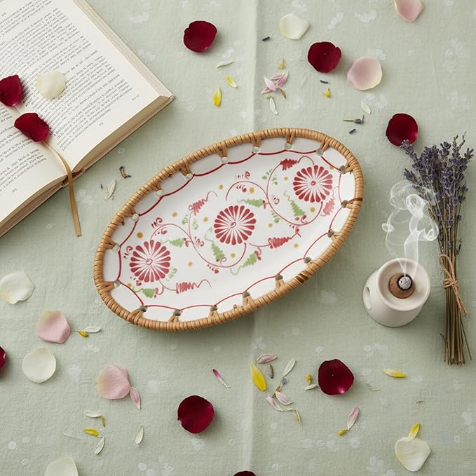 Mini Rattan Ceramic Tray, Oval Fruit/Bread/Cookie/Jewelry Small Storage Porcelain Serving Plate, Vintage Decorative Display Plate for Coffee Table Home Decor Wedding Party Gift (Red Flower)