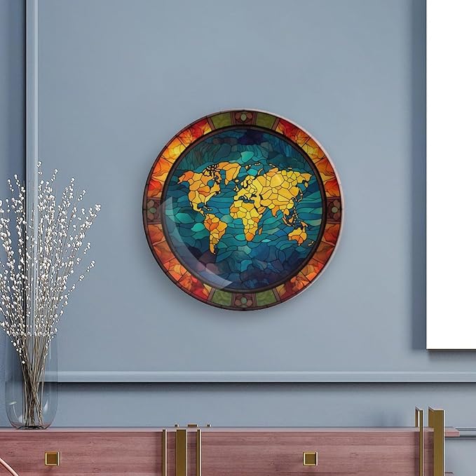 Decorative Plates, Retro World Map Stained Glass Design Ceramic Dinner Plate Home Wobble-Plate w/ Display Stand, Wall Hanging Decor for Kitchen Household 7 Inch, Gifts for Adventure Lover Wanderlust