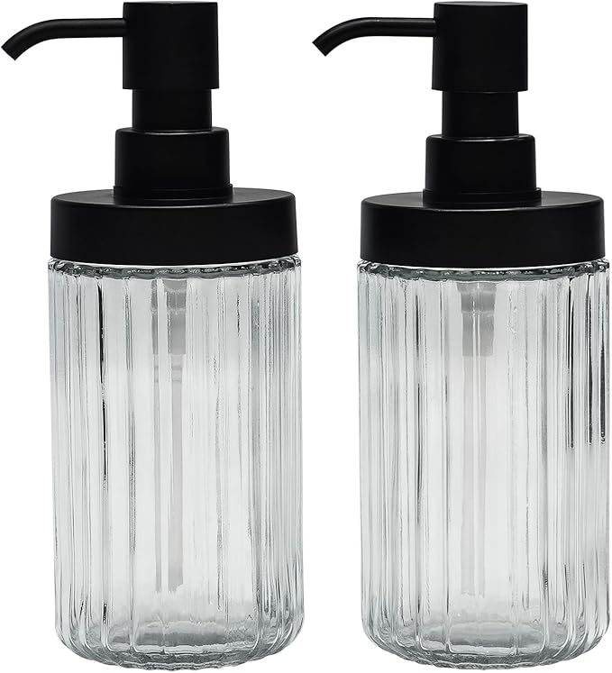 2 PCS Glass Soap Dispenser Set for Bathroom & Kitchen Sink Refillable Liquid Soap Bottle with Squeeze Pump for Hand Dish Soap, Shower Gel, Shampoo and Conditioner-425ML
