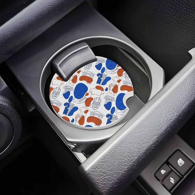 Modern Abstract Car Coasters Pack of 4 Blue Red Classical Greek Sculptural Heads Absorbent Ceramic Car Cup Holder Coaster Insert Drink Holder SUV Interior Accessory with Finger Notch
