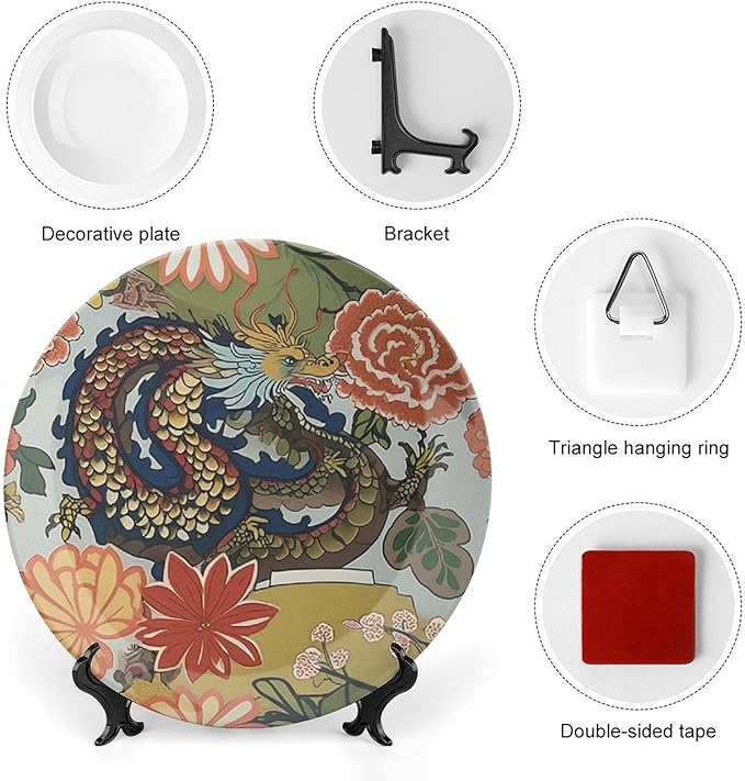 Ceramic Decorative Plate Chinoiserie Animal Dragon Personalized Decor for Wedding Art Decoration Household Wall Wall Hanging Decorative Plate with Display Stand And Hook Up, Gifts for Men Women