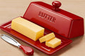 WERTIOO Butter Dish with Lid, Ceramic Butter Dish with Lid for Countertop for 1 Stick. Textured Tray for Non Slip Storage with Stainless Steel 3 in 1 Butter Spreader, Red