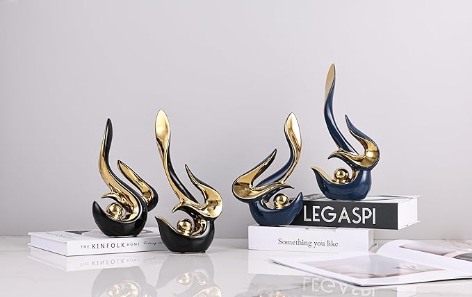 WUBIANJIE Mid Century Modern Abstract Art Home Decor Accent,Porcelain Statues for Living Room Coffee Table Centerpieces for Dining Room,Ceramic Sculptures and Gold Knick Knacks