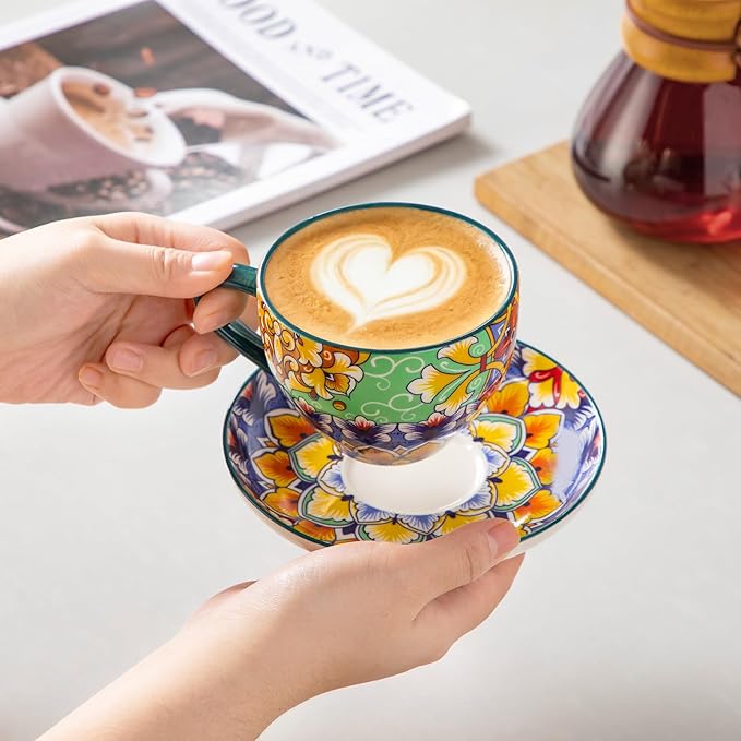 vancasso 8 oz Cappuccino Cups with Saucers Set of 6, Bohemian Ceramic Coffee Cup for Latte, Tea, Espresso, Microwave & Dishwasher Safe - Porcelain Latte Mugs for Kitchen or Cafe
