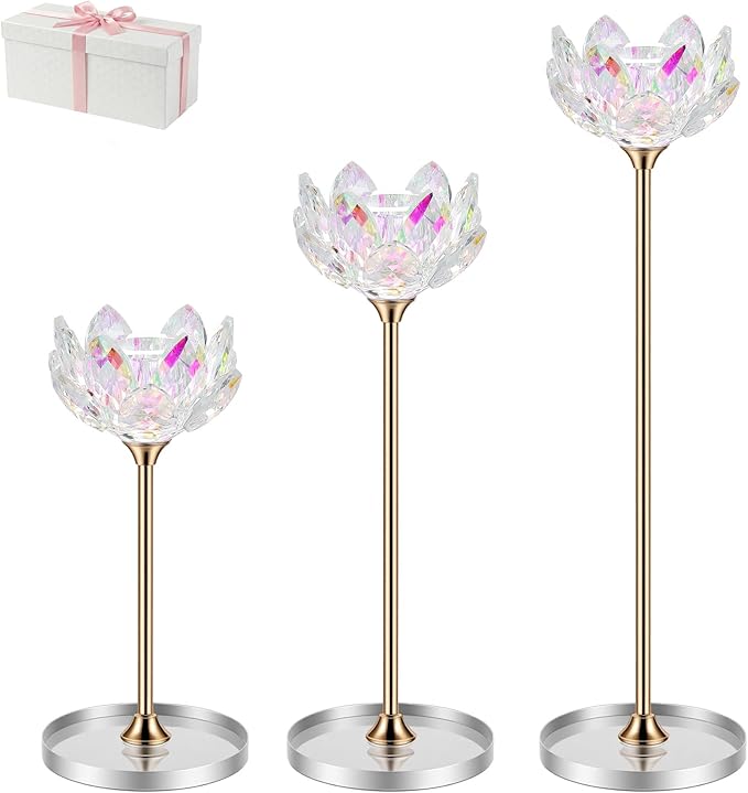 3pcs Crystal Candle Holders, Lotus Flower Candlestick Holders with Mirror Base, Metal Stand, Elegant Table Centerpieces for Home Decor, Wedding, Party (Taper Candle)