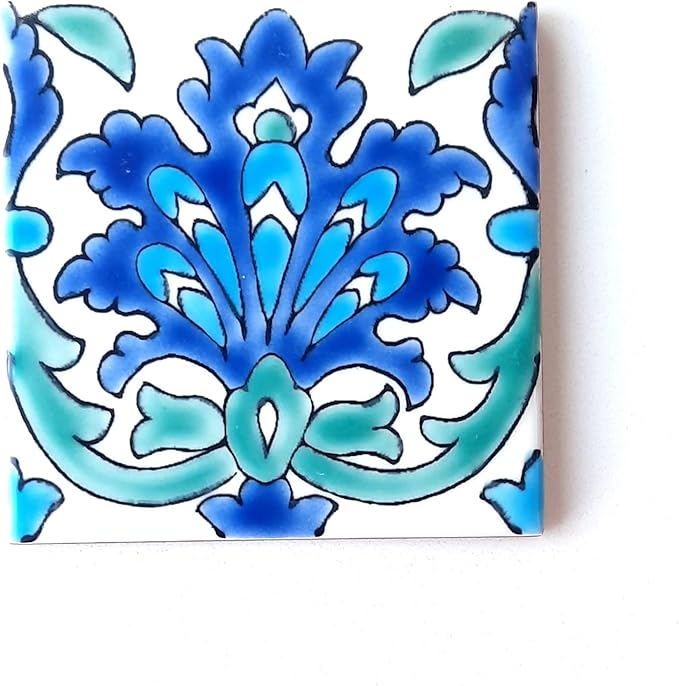 DŸARI Decorative Ceramic Tiles – Hand Painted Indoor & Outdoor Floor Tiles – Spanish Artisan Tile Top Kitchen – Mediterranean Decorative Tiles 4” × 4” – Durable Colorful Floor Tiles – 140 g (Eau V 1)